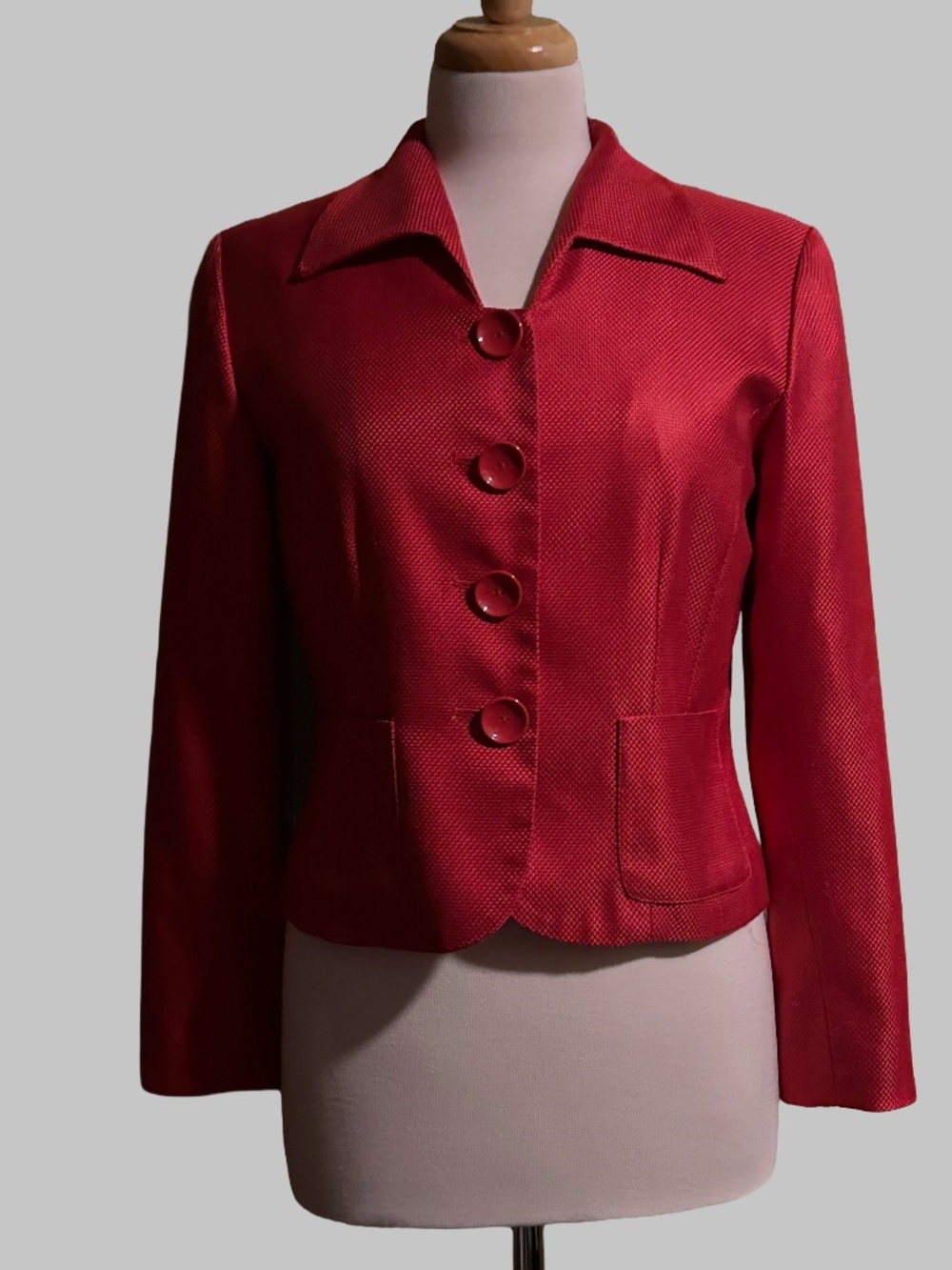 Vintage Talbots Red Silk Wool Diamond Textured Structured Jacket Blazer 4